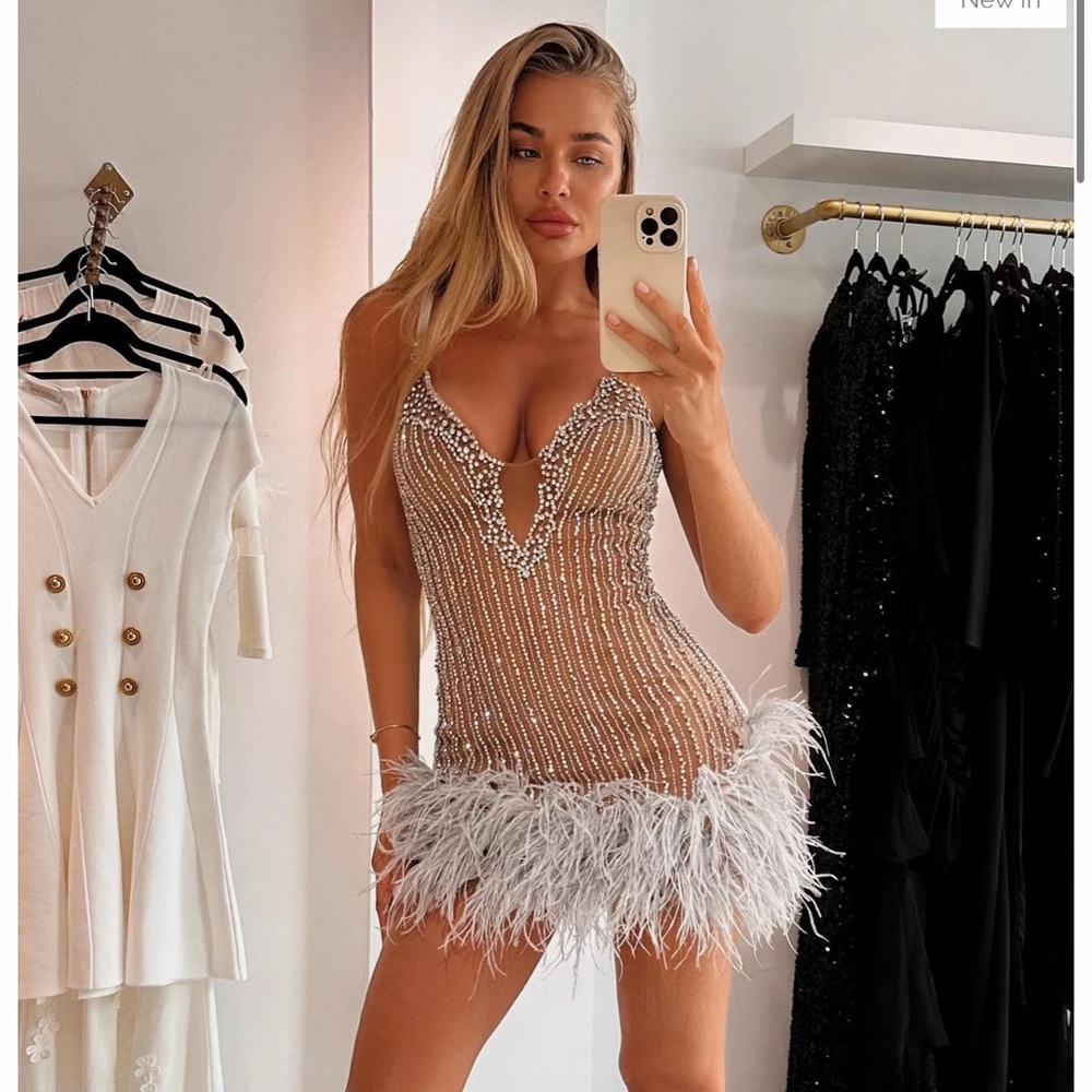 Elegant Feather Trim Dress with stones size XS